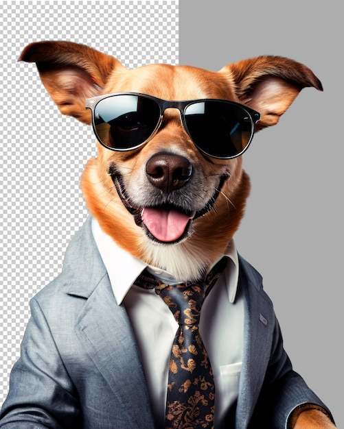 Stylish dog in suit and sunglasses business humor on a transparent background