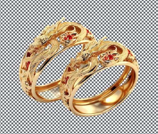 Stylish dragon and phoenix wedding ring set isolated on transparent background