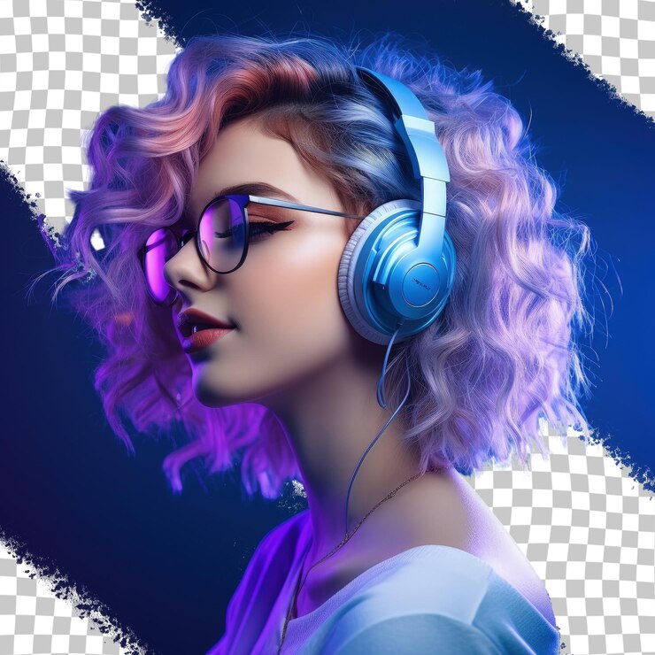 PSD stylish glasses and headphones on a trendy fashion girl at a purple studio background enjoying cool music in a 80s 90s club party