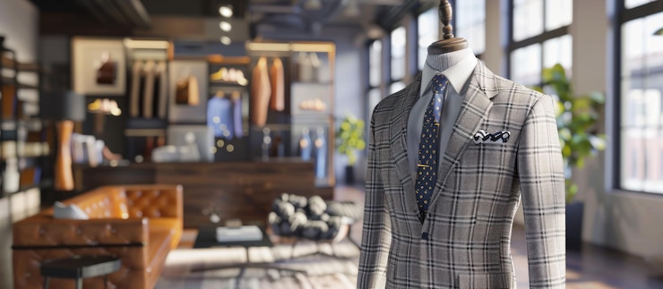 PSD a stylish gray plaid suit jacket displayed on a mannequin in a modern clothing store