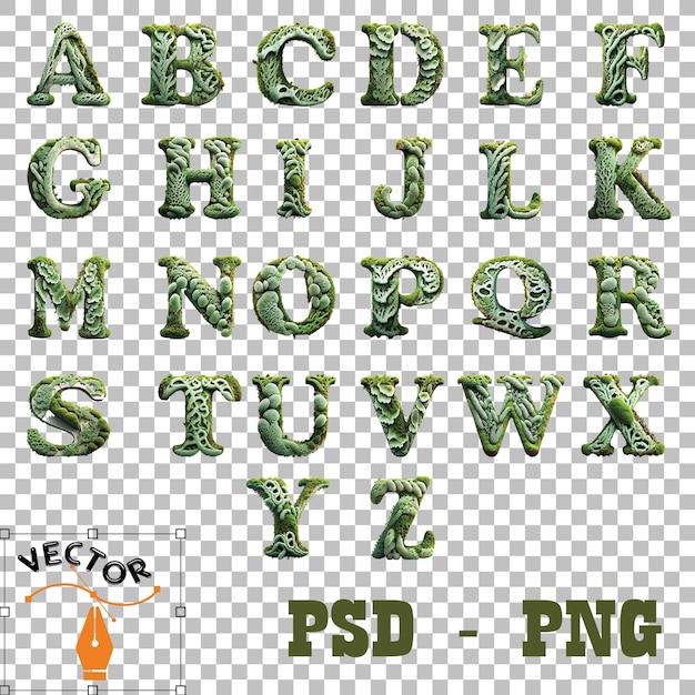 スタイリッシュなグリーン フォントのアルファベット A から Z の PNG イメージとフォントのコレクション