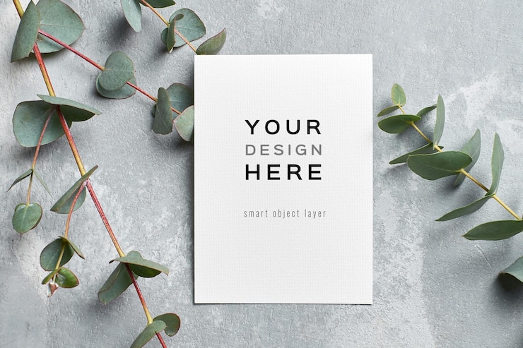 PSD stylish greeting card mockup with eucalyptus twig