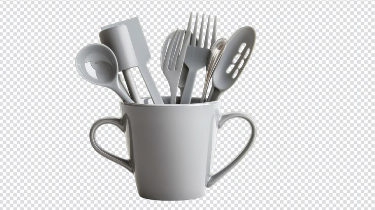 PSD stylish grey kitchen utensils in a cup isolated on white background for culinary use