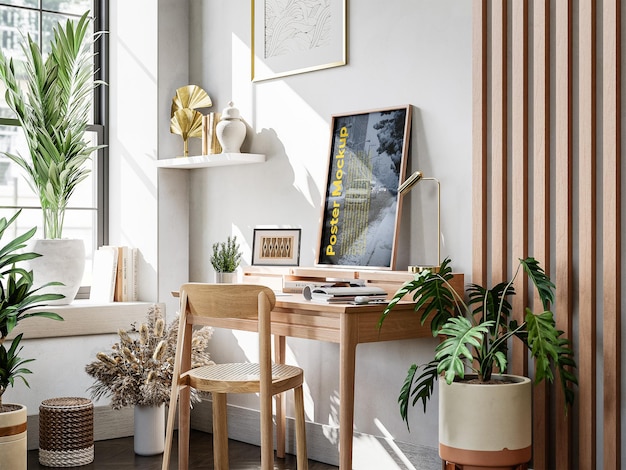 Stylish Home Office met Poster Mockup en Planten
