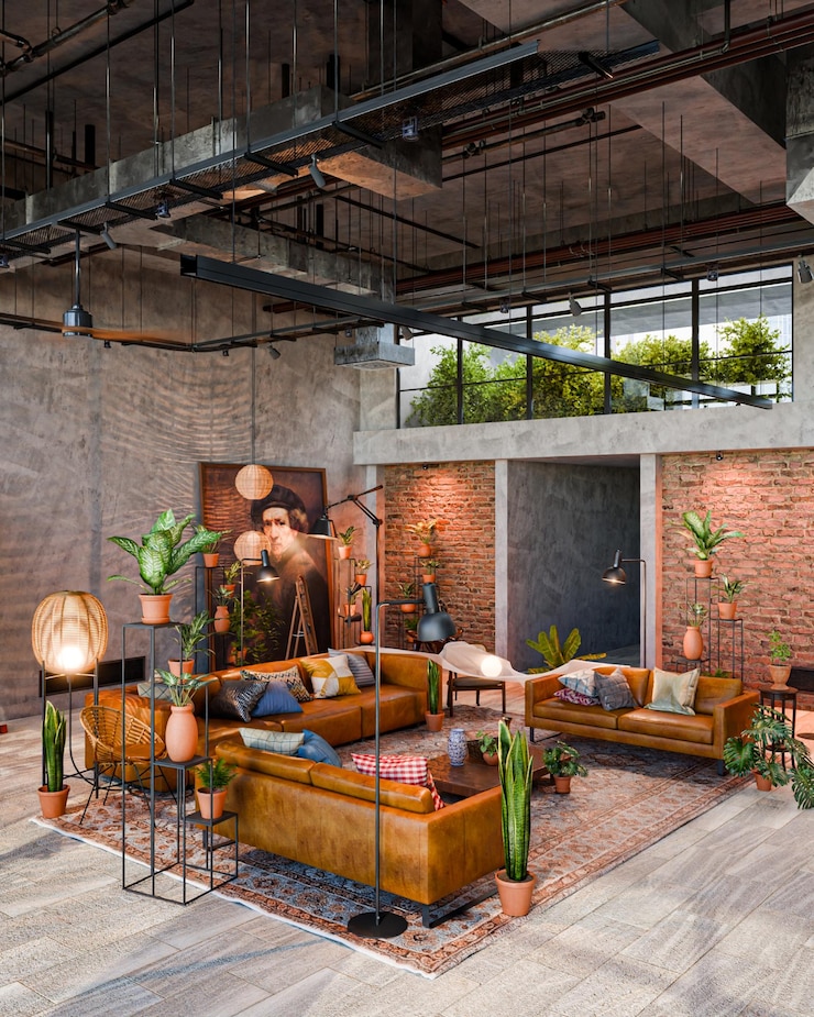 PSD stylish loft living room with leather sofas and plant decor