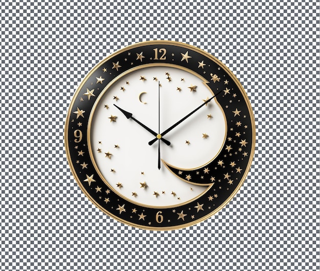 Stylish moon and star shaped wall clock isolated on transparent background