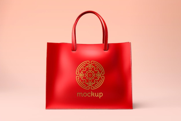 スタイリッシュな赤い革のバッグと金色のデザインのモックアップ