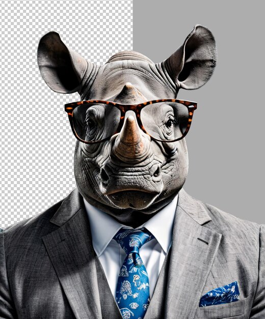 Stylish rhinoceros in suit and glasses business humor on a transparent background