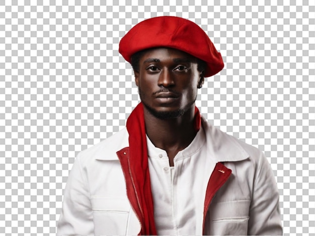 Uomo alla moda afro francese con cappello rosso e ou bianco su sfondo trasparente