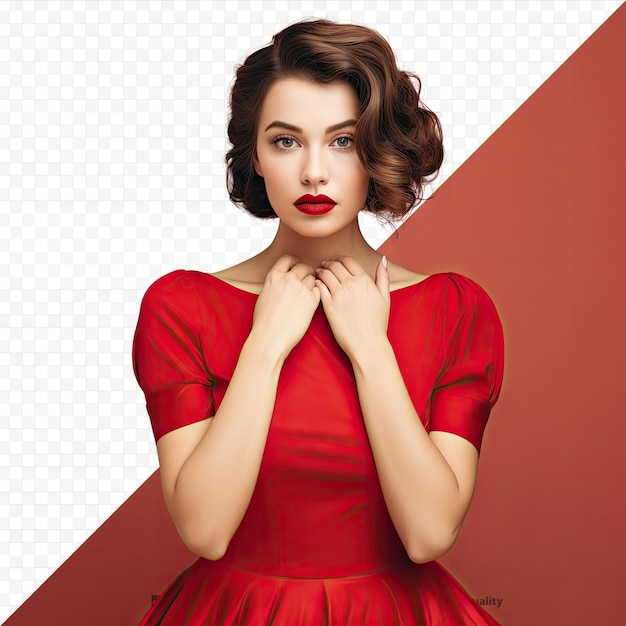 PSD 赤い爪のエレガントな赤いドレスを着たスタイリッシュなヴィンテージファッションモデル