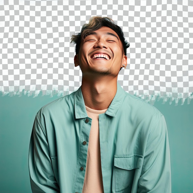 PSD stylish west asian man model in pastel teal stanza difensiva capelli corti sorridendo con gli occhi chiusi