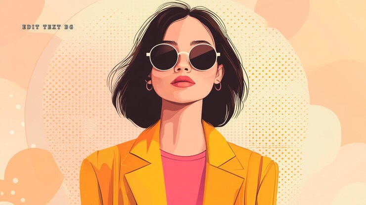 PSD stylish woman with bob haircut wearing yellow blazer and sunglasses against an abstract peach background