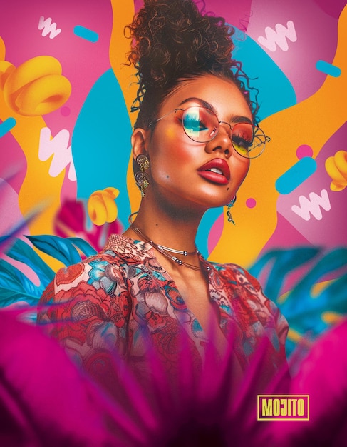 stylish woman with glasses in a colorful and artistic digital portrait