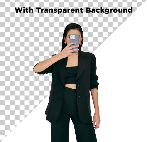세련된 젊은 아름다운 소녀가 셀카를 찍는 PNG PSD 투명한 배경에 고립