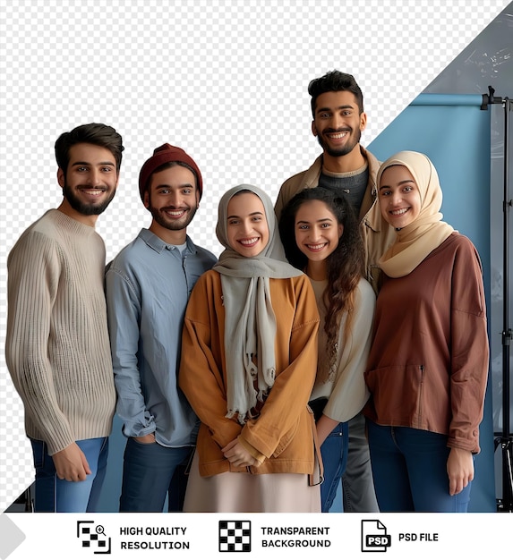 PSD stylish young group of friends with modern attire posing in a contemporary studio setting