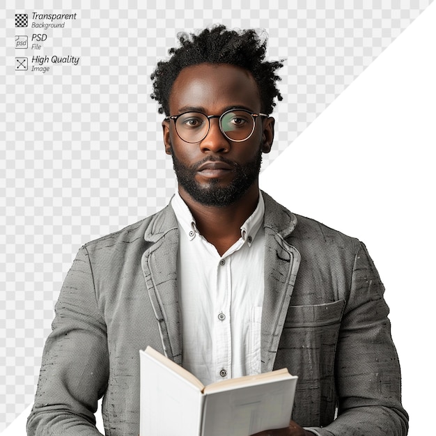 PSD stylish young man in glasses holding a book on transparent background