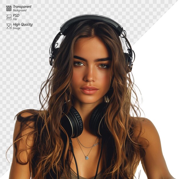 PSD stylish young woman enjoying music with headphones