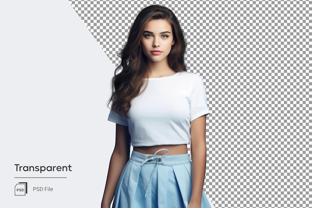 PSD Стильная молодая женщина в белой рубашке и синей короткой юбке на прозрачном фоне ai generated