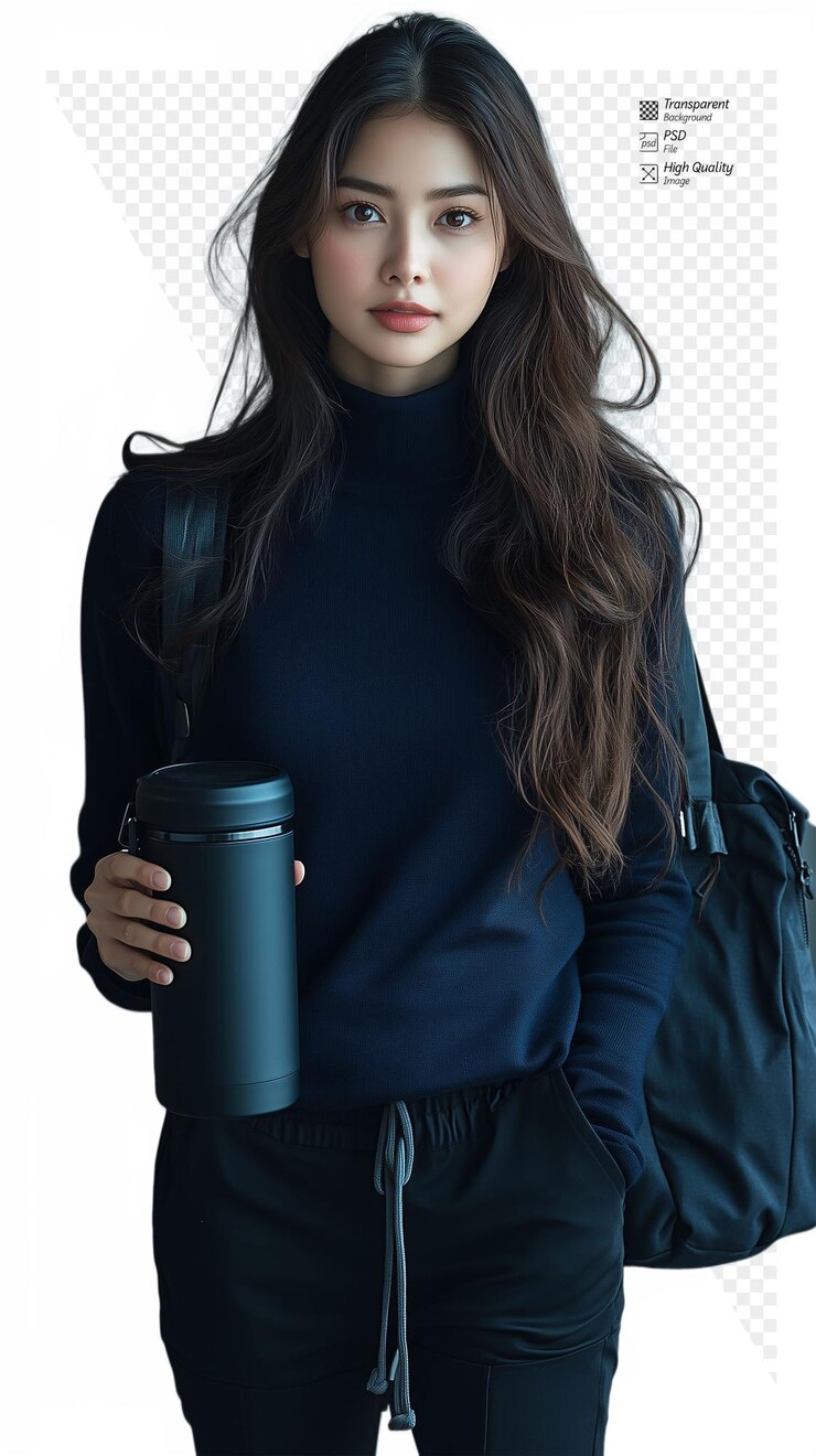 긴 어두운 머리카락을 가진 세련된 젊은 여성이 재사용 가능한 커피 컵을 들고 캐주얼한 겨울 옷을 입고 배을 들고 있습니다.