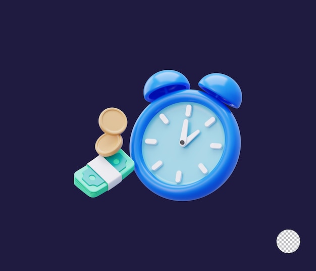 Stylized alarm clock next to a stack of money and coins