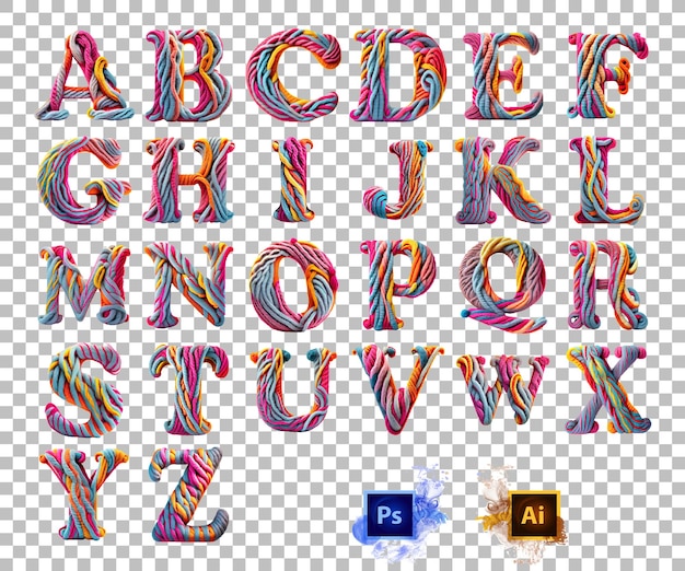 PSD stylowa przędza wełniana z literami alfabetu od a do z, czerwona, różowa, pomarańczowa, żółta, wzór litery az