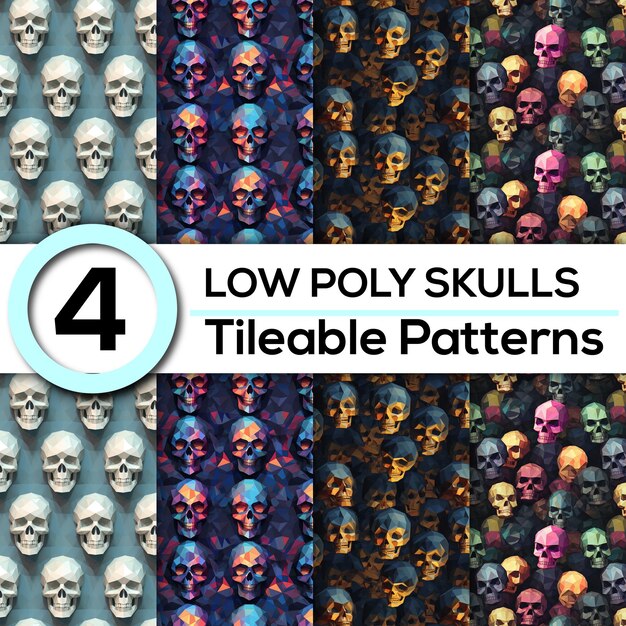 Stylowe Lowpoly Skulls 4 Płytki Bezszwowe Edgy Patterns Do Użycia Jako Tekstura Tła