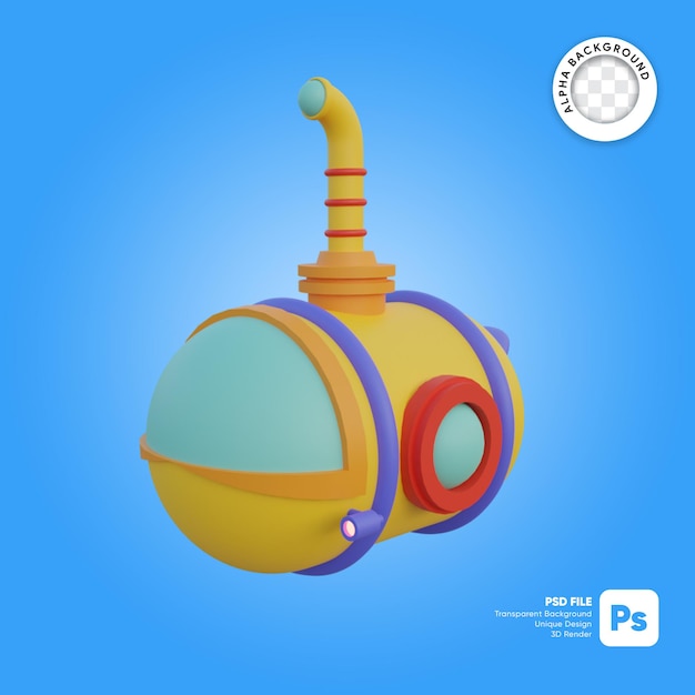 Submarine cartoon style front look 3d object illustration