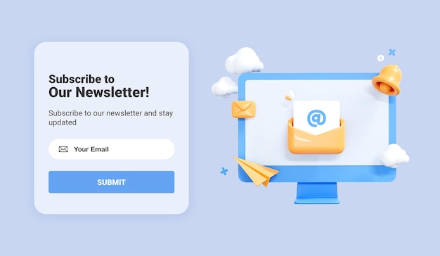 Subscribe to newsletter banner template computer monitor with letter in envelope subscription to news and promotions online email marketing and business web page ui mockup 3d rendering