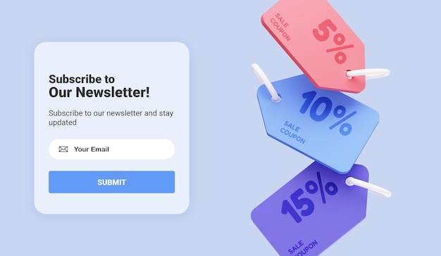 PSD iscriviti alla newsletter e ricevi un codice sconto coupon per i tuoi acquisti concetto di marketing aziendale e-mail iscrizione a notizie e promozioni modulo di registrazione web button mockup rendering 3d