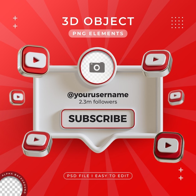 subscribe us on youtube profile social media 3d render isolated for composition