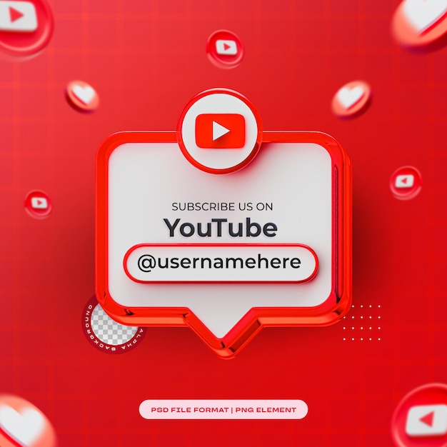 PSD iscriviti a noi su youtube profile social media render 3d isolato per la composizione