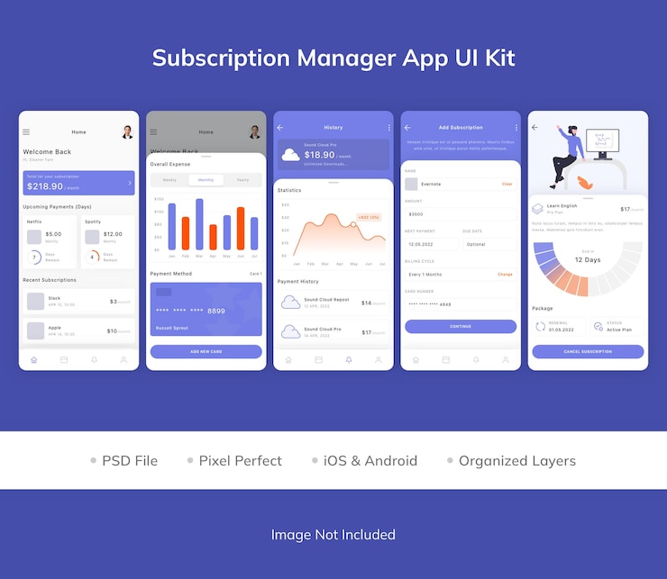 PSD subscription manager app ui kit