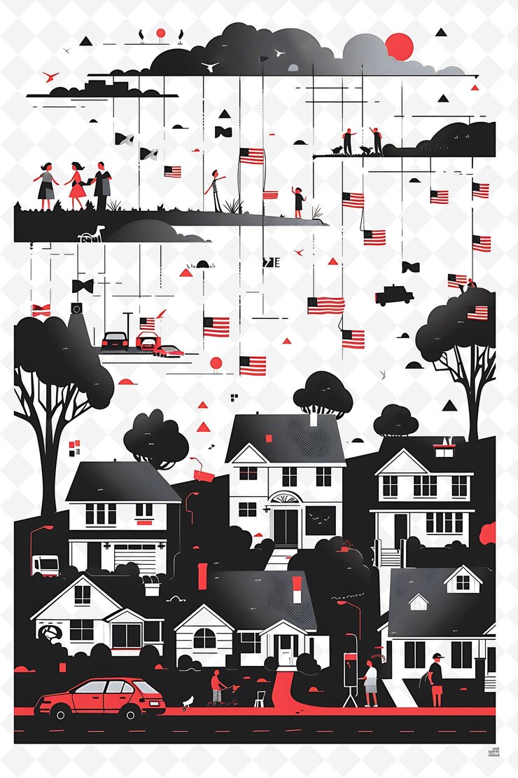 PSD suburban neighborhood with families and a community center a flat illustration poster design