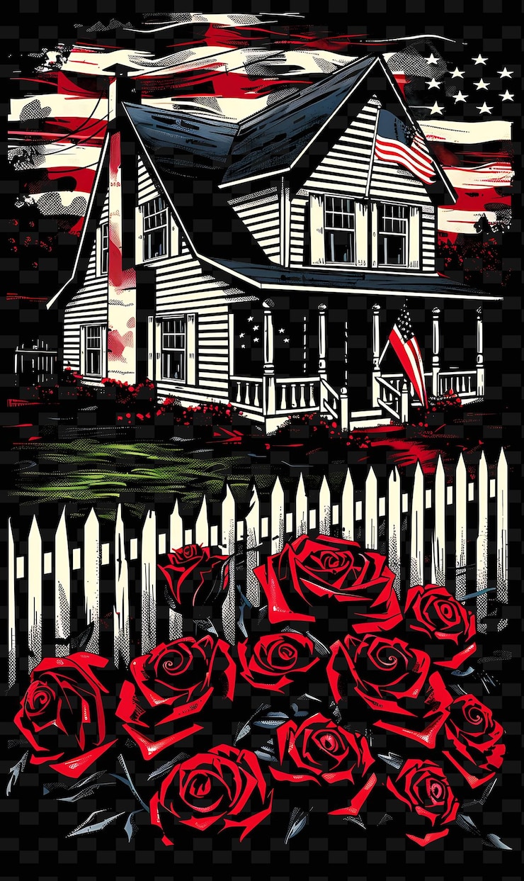 PSD suburban scene with a campaign office and picket fence for e flat illustration poster design