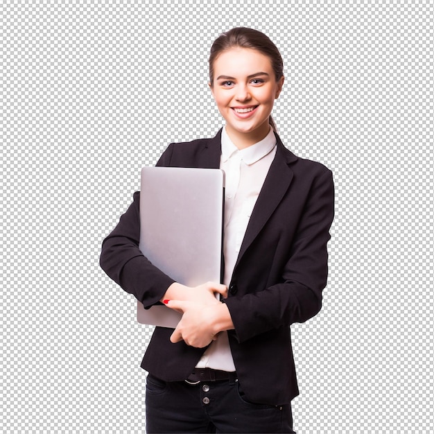 Successful business woman is standing on isolated white wall