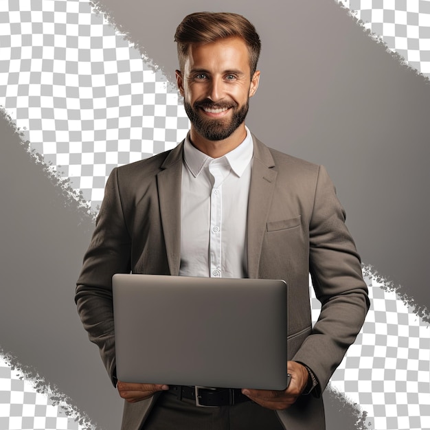 Successful caucasian businessman in a suit smiling and holding a laptop stands alone on a transparent background looking friendly