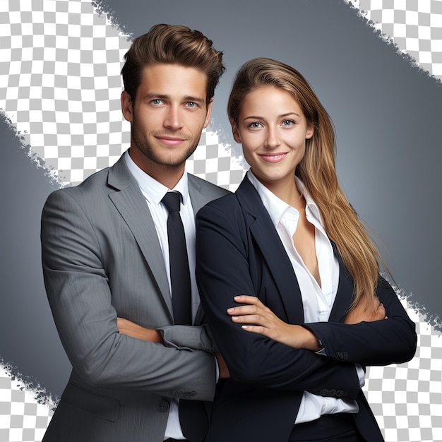 PSD successful young business partners posing back to back and smiling isolated on a transparent background
