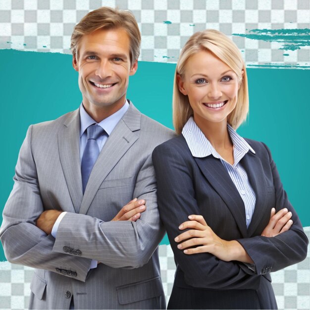 Successful young business partners posing back to back and smiling isolated on a transparent background