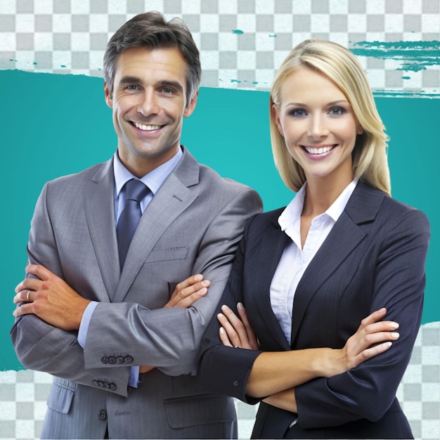 Successful young business partners posing back to back and smiling isolated on a transparent background