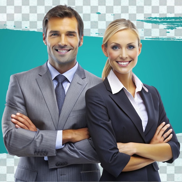 PSD successful young business partners posing back to back and smiling isolated on a transparent background