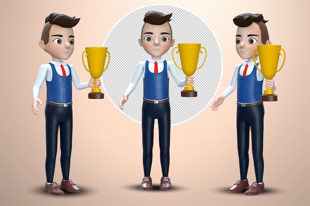 A successful young businessman raises up and holding a gold trophy cup 3d rendering