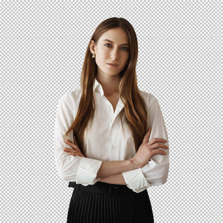 PSD successful young businesswoman standing near the window in office corridor smiling and looking camera