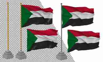 PSD スーダン国旗が異なるスタイルで振動し,スタンドポールが隔離された3dレンダリング