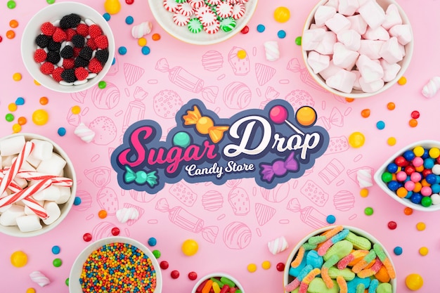 PSD sugar drop surrounded by various candies