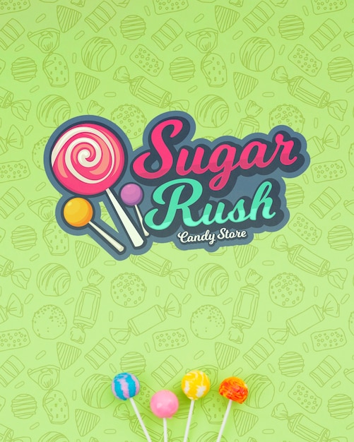 PSD sugar rush with doodle background and lollipop