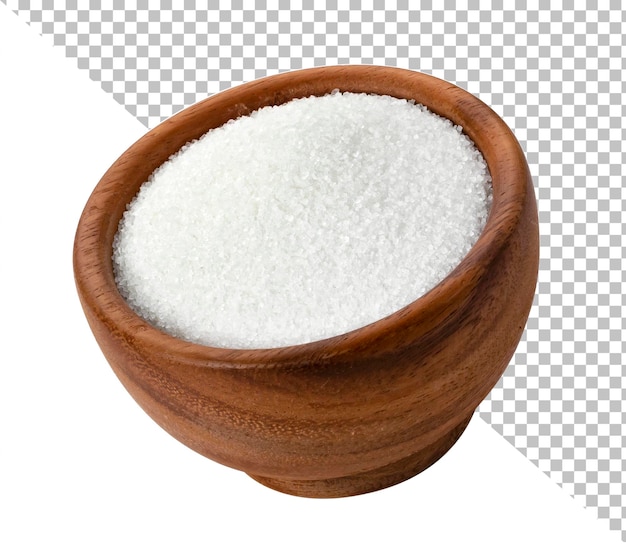 Sugar in wooden bowl isolated on white background with clipping path