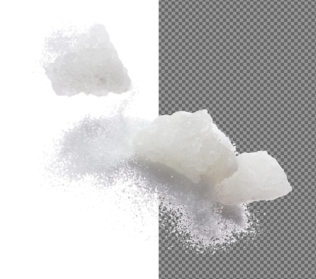 Suiker mengsel geraffineerd grond stof vliegen explosie witte kristal Rock Suiker abstracte wolk drijvende Big Rock Suiker splash gooien in de lucht witte achtergrond geïsoleerde hoge snelheid bevriezen beweging
