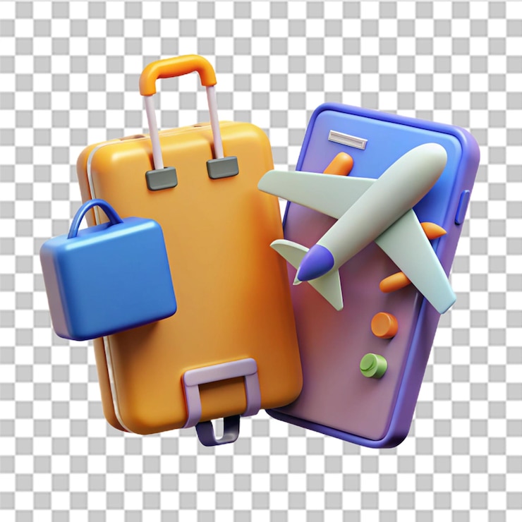 PSD suitcase and flight plane passport with air ticket boarding pass travel online booking service on app mobile tourism trip planning world tour leisure touring holiday summer concept 3d rendering