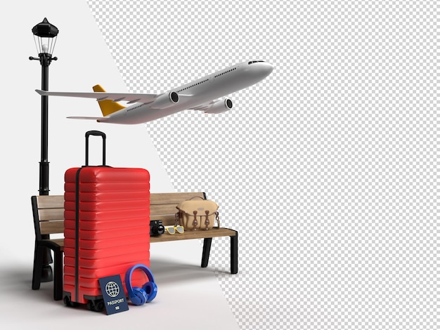 Suitcase with airplane and traveler accessories essential vacation items Adventure and travel holida