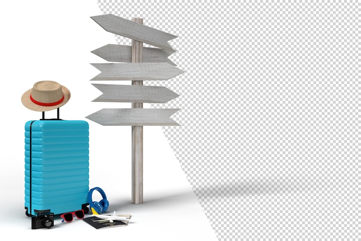 PSD suitcase with signpost and traveler accessories essential vacation items on background